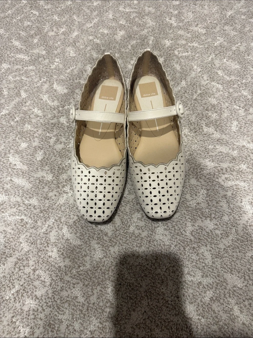 Dolce Vita Cream Perforated Mary Jane Flats with Scalloped Edge